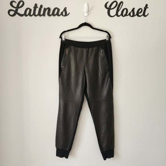VINCE Black Genuine Leather Crepe Mixed Media Jogger Pants Size Large - Picture 4 of 14
